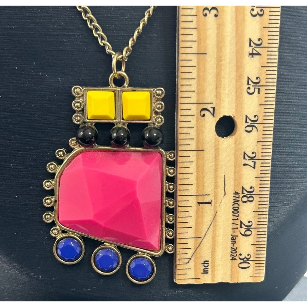 1980s 1990s Funky Bright Colorful Geometric Pendant Necklace Pink Yellow Blue - Picture 3 of 7